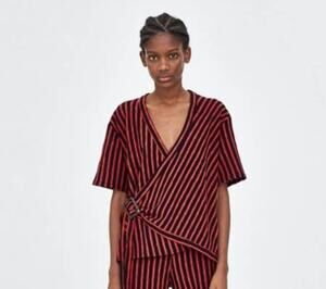 Zara Red Navy Blue Stripe Faux Wrap Knit Top S Small Buckle